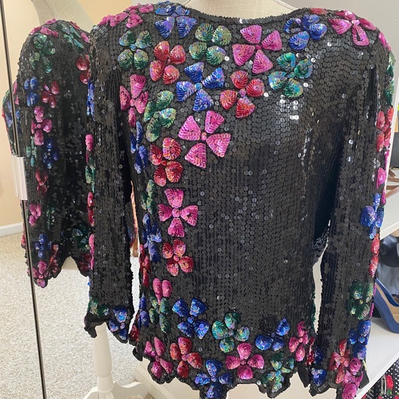 Vintage 100% silk sequined top Sz M 70s 80s 90s Black Floral - Picture 5 of 16